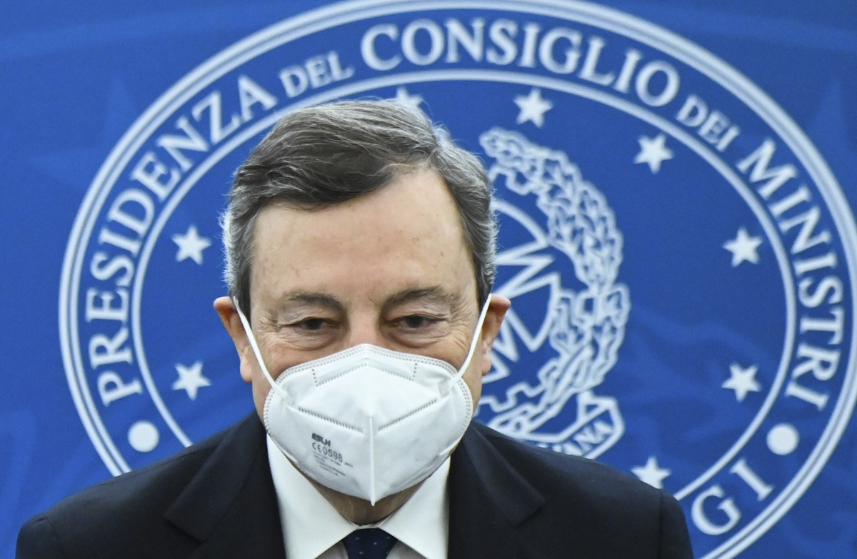 Italy's Prime Minister, Mario Draghi arrives for a joint press conference with Italy's Economy Minister and Italy's Minister for Labour and Social Policy following a Cabinet meeting in  ...
