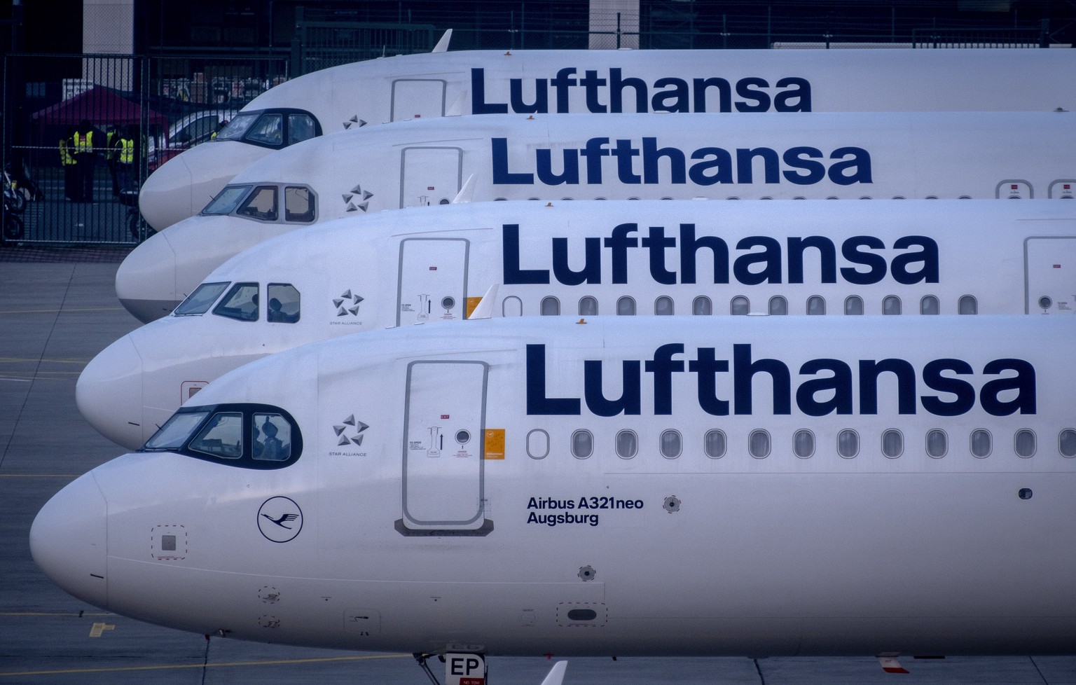 Lufthansa aircrafts are parked at the airport in Frankfurt, Germany, Thursday, March 7, 2024. German Lufthansa airline and the airport security staff are on a strike causing the cancellation go most o ...