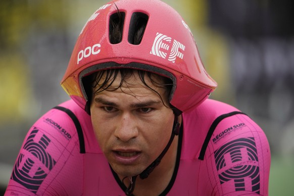 Switzerland&#039;s Stefan Bissegger crosses the finish line of the fifth stage of the Tour de France cycling race, an individual time-trial over 27.2 kilometers (16.9 miles) with start in Change and f ...