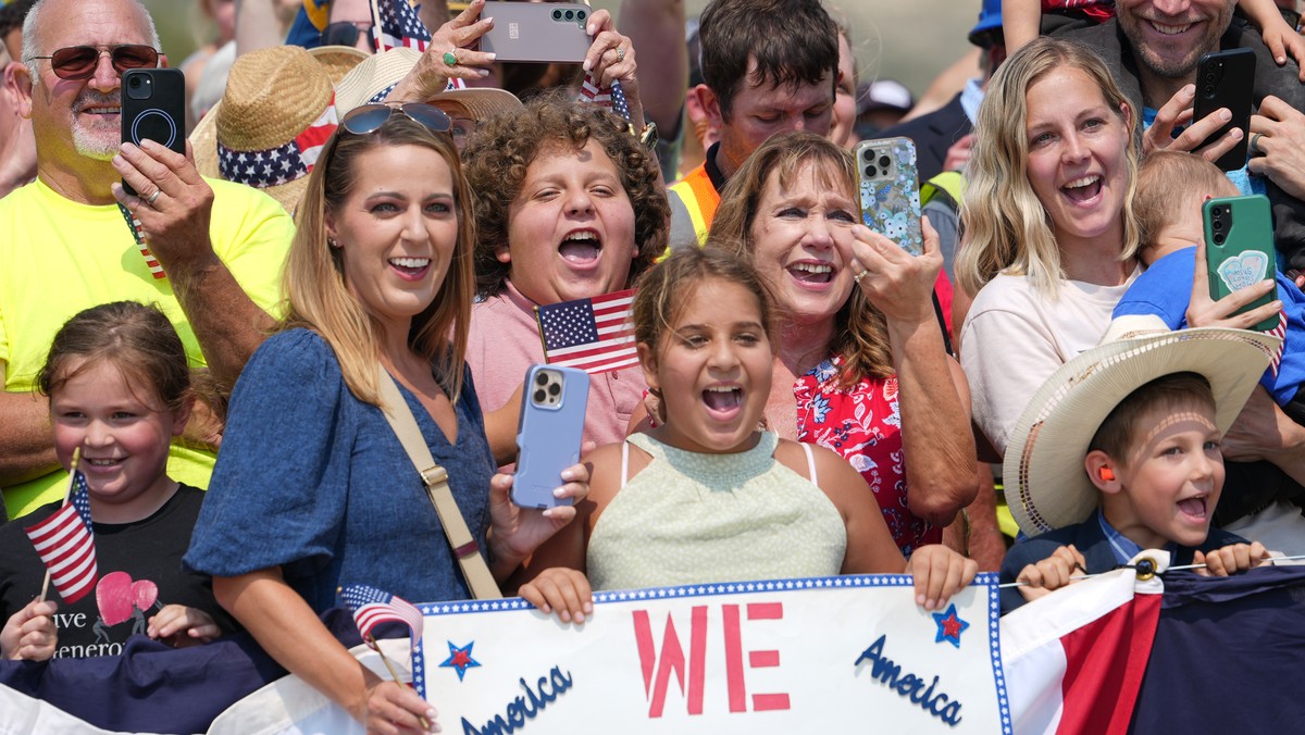 People wait for the Freedom 250 train, carrying President Donald Trump, to arrive, Wednesday, July 1, 2026, in Medora, N.D., before an opening ceremony at the Theodore Roosevelt President Library. (AP ...