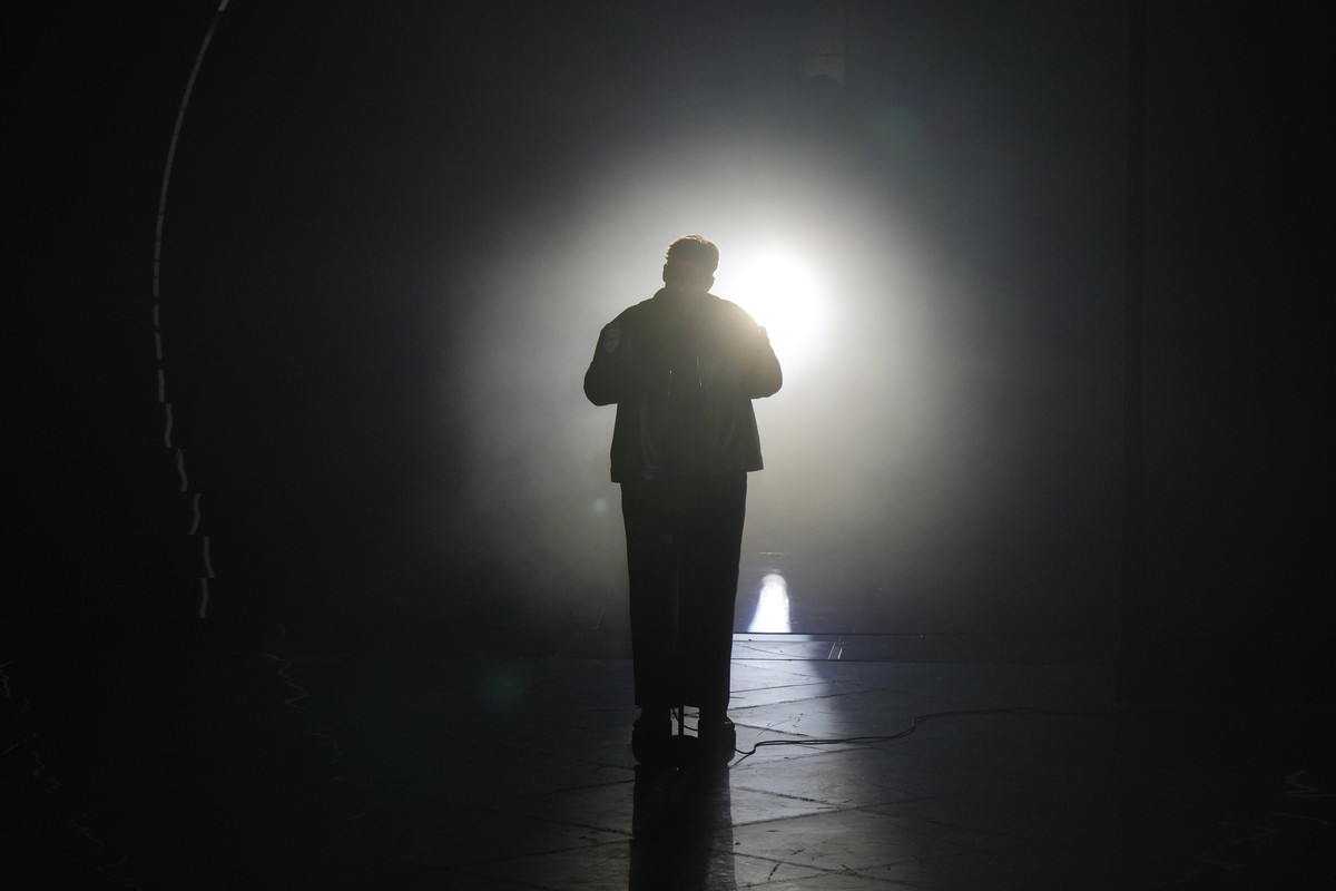 Marius Bear from Switzerland singing 'Boys Do Cry' performs during the Grand Final of the Eurovision Song Contest at Palaolimpico arena, in Turin, Italy, Saturday, May 14, 2022. (AP Photo/Lu ...