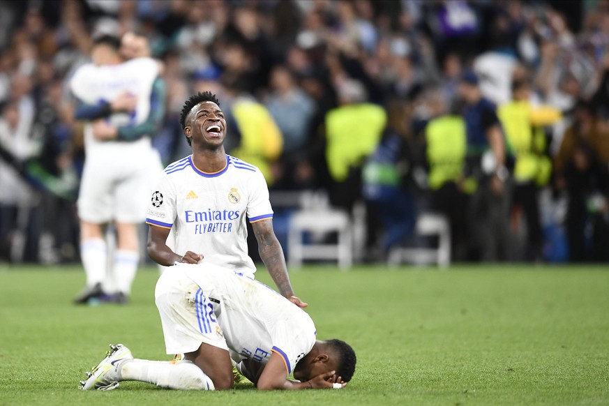 Real Madrid v Manchester City Semi Final Leg Two - UEFA Champions League Vinicius Junior and Rodrygo of Real Madrid celebrate victory after the UEFA Champions League Semi Final Leg Two match between R ...