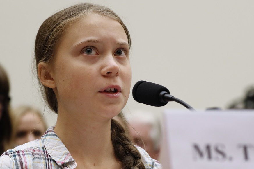 FILE - In this Wednesday, Sept. 18, 2019, file photo, youth climate change activist Greta Thunberg speaks at a House Foreign Affairs Committee subcommittee hearing on climate change, on Capitol Hill i ...