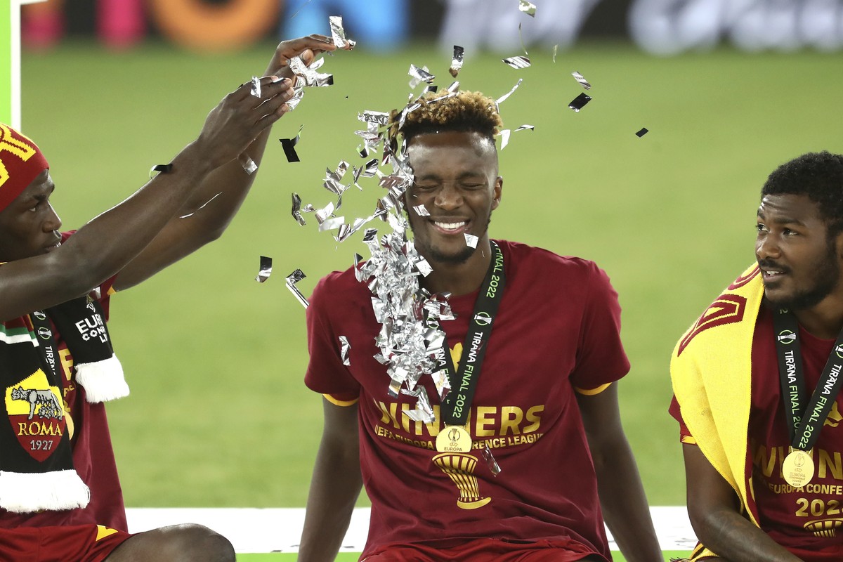 Roma's Tammy Abraham celebrates after the Europa Conference League final soccer match between AS Roma and Feyenoord at National Arena in Tirana, Albania, Wednesday, May 25, 2022. (AP Photo/Franc  ...