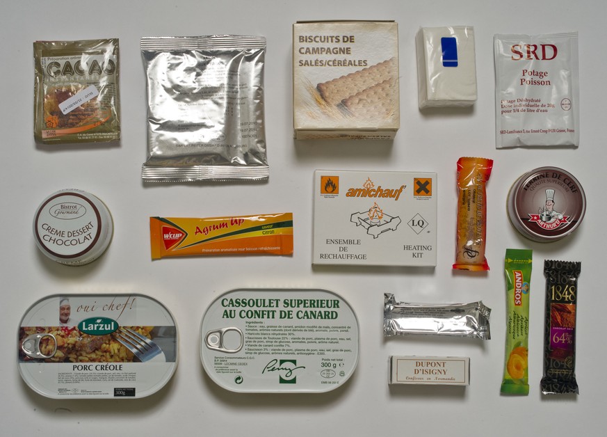 Copyright Sarah Lee - Ration packs and thier contents for G2. France.