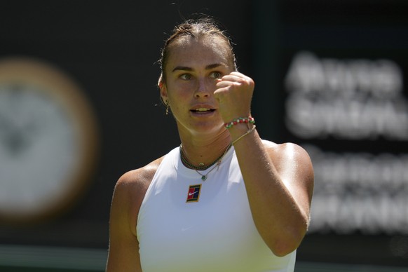 Aryna?Sabalenka of Belarus reacts during her match against Carson Branstine of Canada at their first round women&#039;s single match at the Wimbledon Tennis Championships in London, Monday, June 30, 2 ...