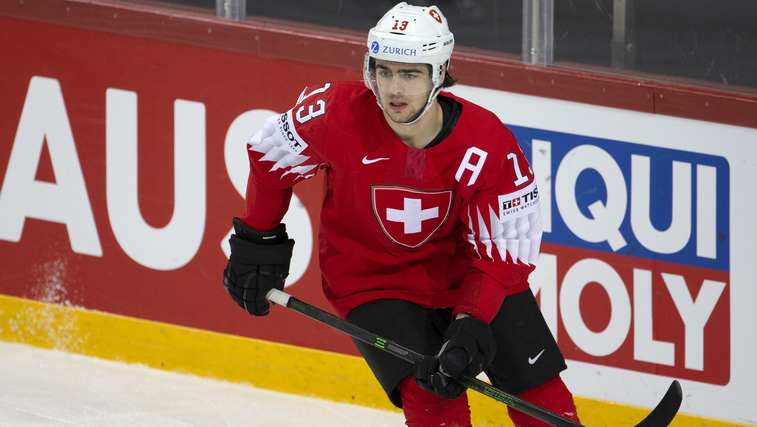 Switzerland&#039;s forward Nico Hischier skates, during the IIHF 2021 World Championship preliminary round game between Switzerland and Great Britain, at the Olympic Sports Center, in Riga, Latvia, Tu ...