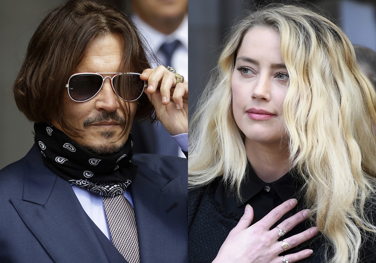 Johnny Depp appears at the High Court in London, on July 17, 2020, left, and Amber Heard appears outside the High Court in London on July 28, 2020. Depp sued Heard for libel in Virginia after The Wash ...