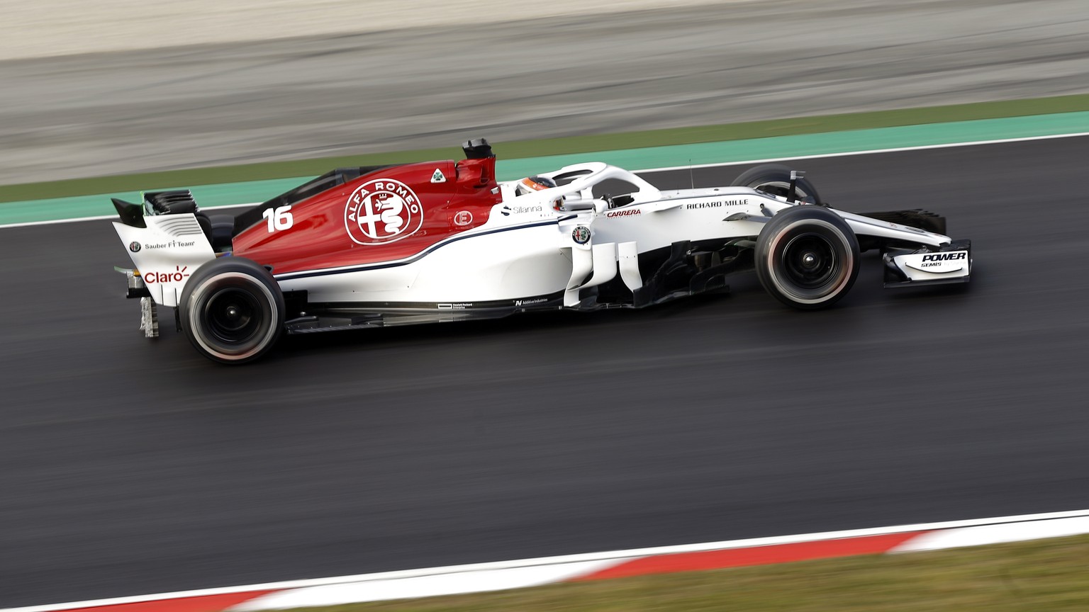 Sauber driver Charles Leclerc of Monaco steers his car during a Formula One pre-season testing session at the Catalunya racetrack in Montmelo, outside Barcelona, Spain, Tuesday, Feb. 27, 2018. (AP Pho ...