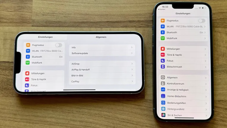 Landscape view (left) is only available on iPhone 14 Plus and Pro Max models.  In the e-mail program you can already see the message in the preview on the right.