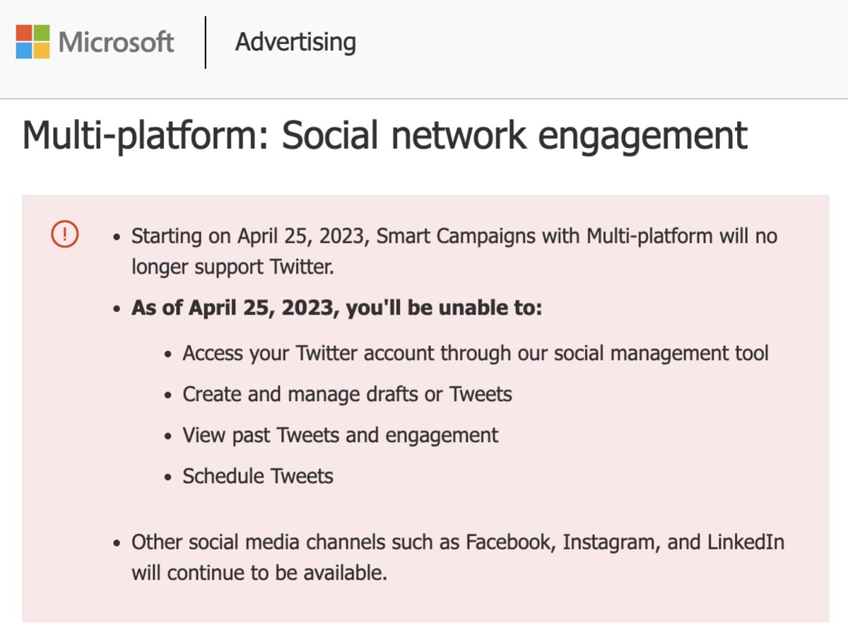 Der Hinweis auf die Entfernung von Twitter von der Microsoft-Website.