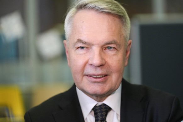 Social movement presidential candidate Pekka Haavisto, The Greens, speaks to media after voting at a polling station during presidential election, Helsinki, Finland, Sunday, Feb. 11, 2024. Finnish vot ...