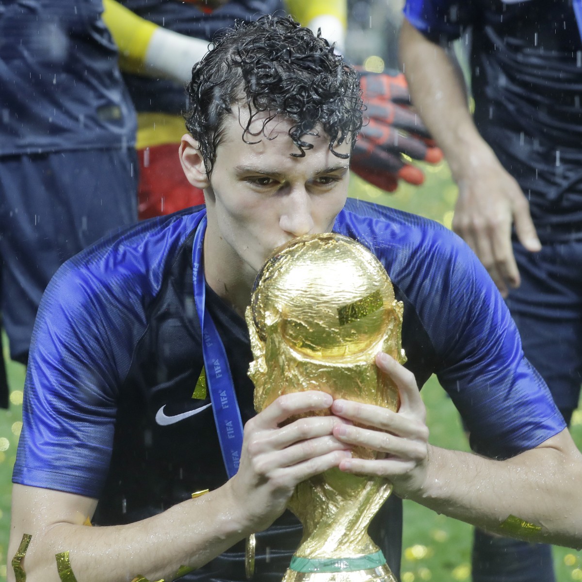 France's Benjamin Pavard kisses the trophy at the end during the final match between France and Croatia at the 2018 soccer World Cup in the Luzhniki Stadium in Moscow, Russia, Sunday, July 15, 20 ...