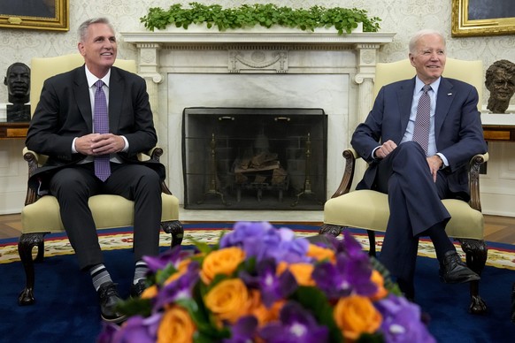 President Joe Biden meets with House Speaker Kevin McCarthy of Calif., to discuss the debt limit in the Oval Office of the White House, Monday, May 22, 2023, in Washington. (AP Photo/Alex Brandon)
Joe ...