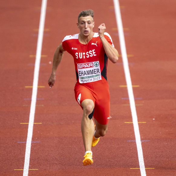 Switzerland&#039;s Simon Ehammer, center, next to France&#039;s Kevin Mayer, left, and Italy&#039;s Dario Dester, right, during the 100m competition of the Men&#039;s Decathlon of the 2022 European Ch ...