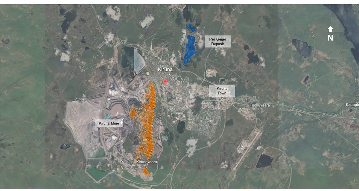 Kiruna-Mine und der Fundort der Seltenen Erden in der Lagerstätte Per Geijer im schwedischen Kiruna.