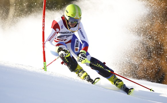 Switzerland's Chiara Gmuer competes during an alpine ski, women's World Cup slalom, in Lienz, Austria, Tuesday, Dec. 29, 2015. (AP Photo/Giovanni Auletta)
