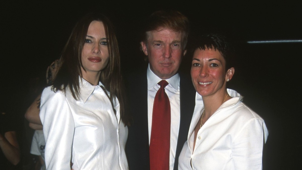 Portrait of, from left, future married couple fashion model Melania Knauss (later Melania Trump) and American real estate developer Donald Trump, with British socialite Ghislaine Maxwell as they pose  ...