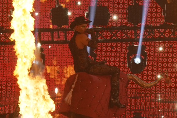 Achille Lauro from San Marino singing &#039;Stripper&#039; performs during rehearsals at the Eurovision Song Contest in Turin, Italy, Wednesday, May 11, 2022. (AP Photo/Luca Bruno)