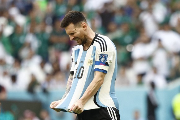 Lionel Messi of Argentina reacts after the FIFA World Cup soccer match of the group phase between Argentina and Arabia Saudi at Lusail stadium, Qatar, 22 November 2022. Soccer World Cup: Argentina vs. ...