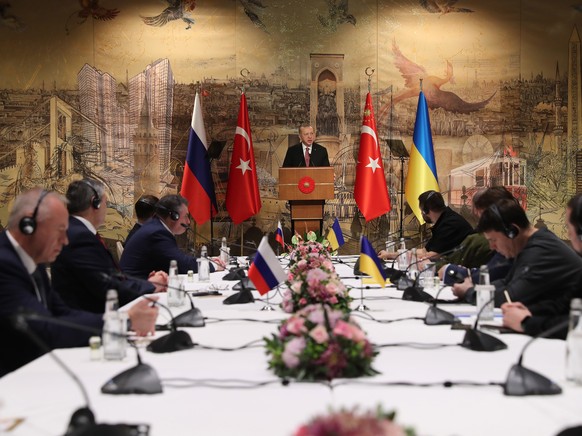 epa09857141 A handout photo made available by the Turkish President&#039;s Press Office shows Turkish President Erdogan (C, back) addressing the Russian (L) and Ukrainian (R) delegations before their  ...