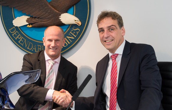 IMAGE DISTRIBUTED FOR PRATT &amp; WHITNEY - Berlin based airline, Germania, select Pratt &amp; Whitney&#039;s PurePower Geared Turbofan engines for up to 40 A320neo aircraft, signed by Rick Deurloo (l ...