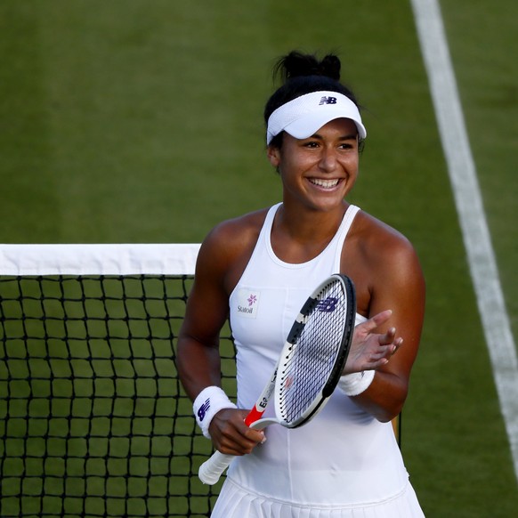 epa06064116 Heather Watson of Britain celebrates winning against Maryna Zanevska of Belgium during their first round match for the Wimbledon Championships at the All England Lawn Tennis Club, in Londo ...