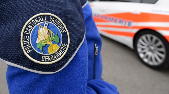 [Editor&#039;s note: photo mise-en-scene] Detail view of the uniform of a police officer of the cantonal police of Vaud, in the foreground, and a police car, in the background, photographed in Cugy, i ...