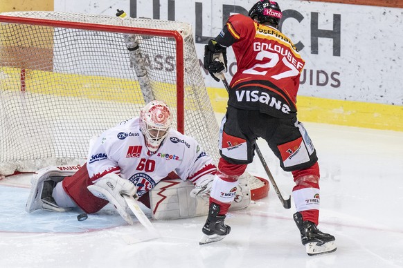 Berns Cody Goloubef, rechts, im Duell mit SC Rapperswil-Jona Lakers Torhueter Melvin Nyffeler im Eishockey Qualifikationsspiel der National League zwischen dem SC Bern und dem SC Rapperswil-Jona Laker ...