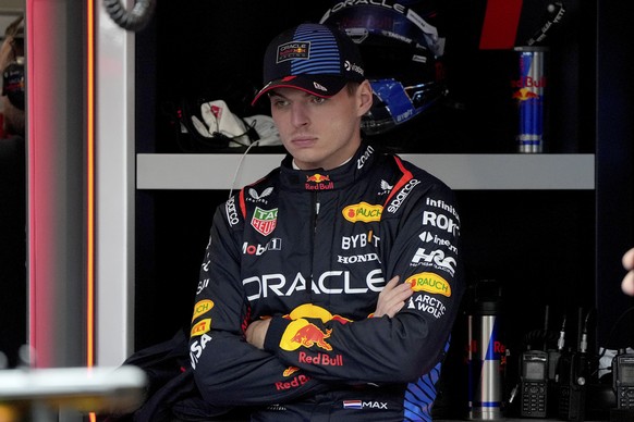 Red Bull driver Max Verstappen, of the Netherland, waits in the garage area during a practice session for the Formula One U.S. Grand Prix auto race, Thursday, Nov. 21, 2024, in Las Vegas. (AP Photo/Ri ...