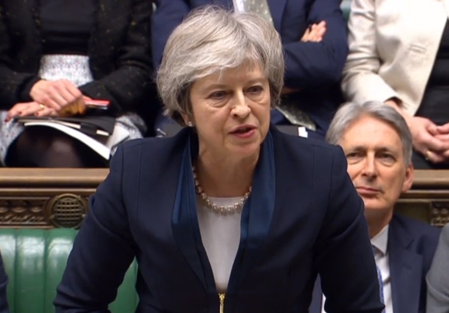 epa07287561 A handout video-grabbed still image from a video made available by UK parliament&#039;s parliamentary recording unit showing Britain&#039;s Prime Minister Theresa May speaking prior to the ...