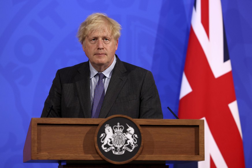 Britain&#039;s Prime Minister Boris Johnson attends a media briefing in Downing Street, London, Monday, June 14, 2021. Johnson has confirmed that the next planned relaxation of coronavirus restriction ...