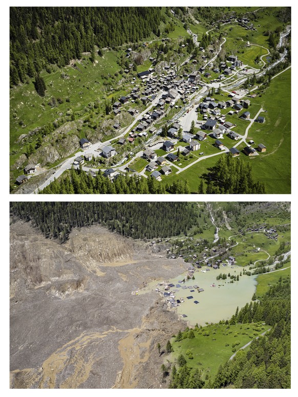 This combo shows the village of Blatten photographed on Friday, May 23, 2025 at the top and the village of Blatten one day after a massive avalanche, triggered by the collapse of the Birch Glacier, at ...