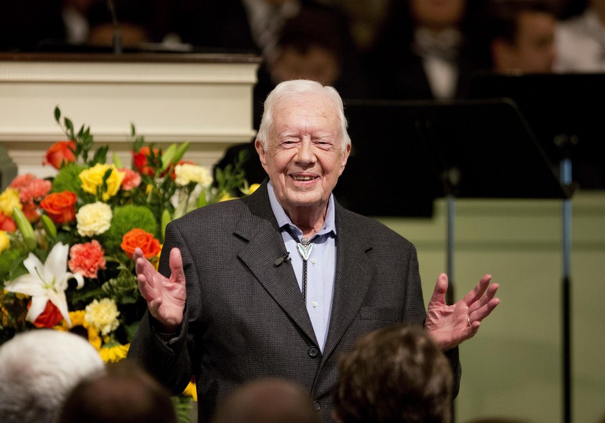 FILE - Former President Jimmy Carter teaches Sunday School class at the Maranatha Baptist Church in his hometown of Plains, Ga., Aug. 23, 2015. Former President Carter will be honored next month, ahea ...