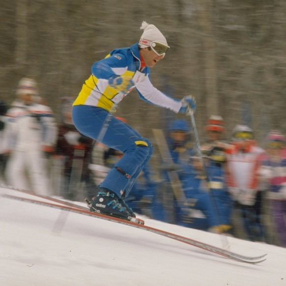 Undated: Ingemar Stenmark of Sweden lands after a jump during a skiing event. \ Mandatory Credit: Tony Duffy/Allsport