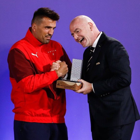 FIFA Beach Soccer World Cup 2021: Prize-giving FIFA President Gianni Infantino R presents Dejan Stankovic of Switzerland with his Silver Scorer Award during the prize-giving ceremony of the FIFA Beach ...