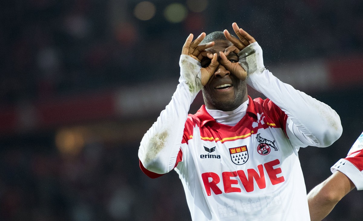 epa06083703 A file picture of Cologne's Anthony Modeste celebrating his 3:0 goal during the Bundesliga soccer match between 1. FC Cologne and Hamburger SV at RheinEngergieStadion in Cologne, Germ ...