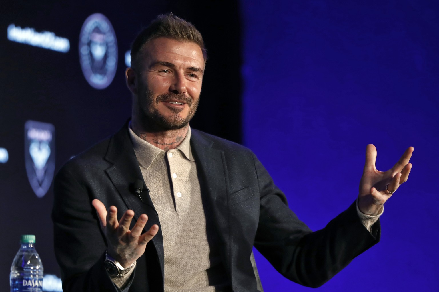 David Beckham, Inter Miami CF co-owner, is interviewed during the Major League Soccer 25th Season kickoff event in New York, Wednesday, Feb. 26, 2020. (AP Photo/Richard Drew)
David Beckham