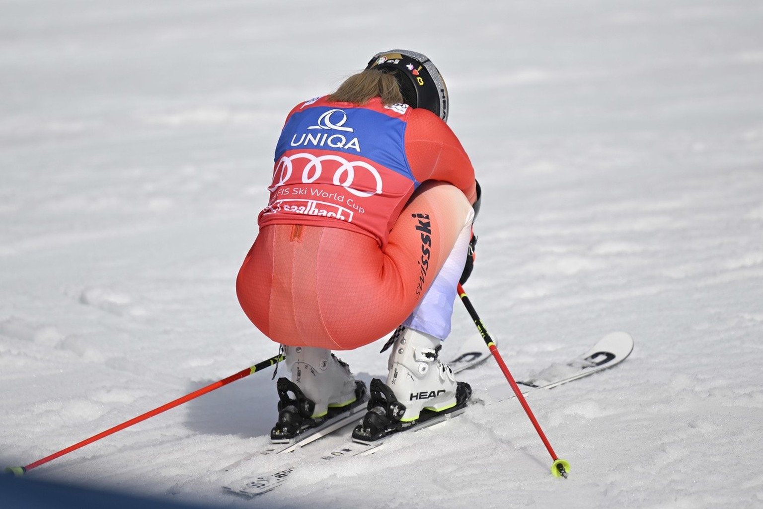 Lara Gut-Behrami of Switzerland reacts during the second run of the women&#039;s giant slalom race at the FIS Alpine Skiing World Cup finals in Saalbach-Hinterglemm, Austria, Sunday, March 17, 2024. ( ...