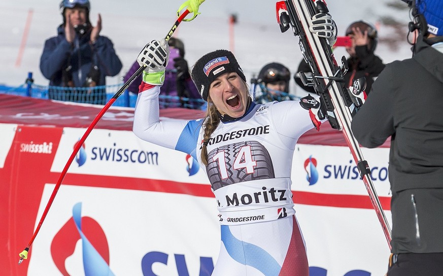 epa06378618 Winner Jasmine Flury of Switzerland, reacts during the podium ceremony after the women&#039;s Super-G race at the FIS Alpine Ski World Cup, in St. Moritz, Switzerland, Saturday, December 9 ...