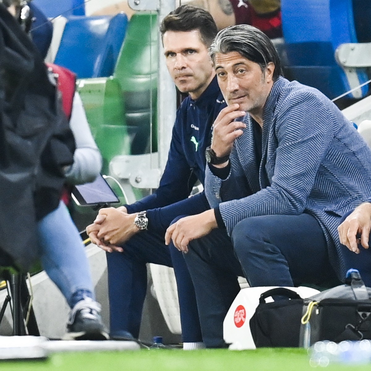 epa09456315 Switzerland's head coach Murat Yakin (C-R) reacts during the FIFA World Cup 2022 group C qualifying soccer match between Northern Ireland and Switzerland at Windsor Park stadium in Be ...