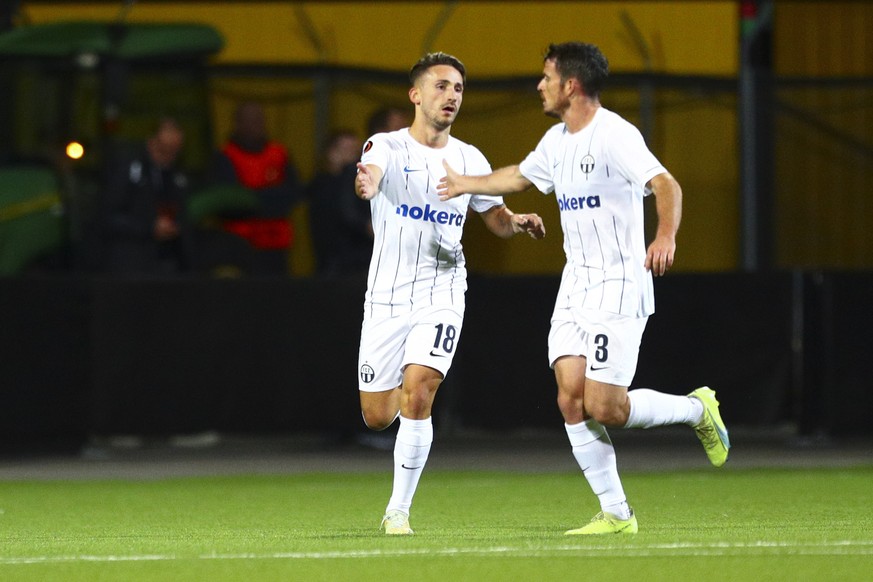 Zurich&#039;s Donis Avdijaj and Adrian Guerrero celebrate their team&#039;s goal during Europe League group A soccer match between Bodo/Glimt and FC Zurich in Bodo, Norway, Thursday, Sept. 15, 2022. ( ...