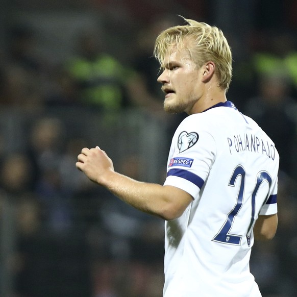 Finland&#039;s Joel Pohjanpalo reacts during the Euro 2020 group J qualifying soccer match between Bosnia-Herzegovina and Finland at the Bilino polje stadium in Zenica, Bosnia, Saturday, Oct. 12, 2019 ...