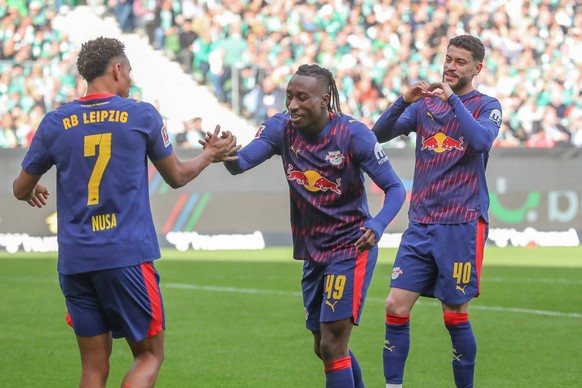 04.04.2026, xtgx, Fussball - 1.Bundesliga SV Werder Bremen - RB Leipzig v.l. Romulo Jose Cardoso Da Cruz Leipzig, 40 Jubel, Torjubel, jubelt ueber das Tor, celebrate the goal, celebration DFL/DFB REGU ...