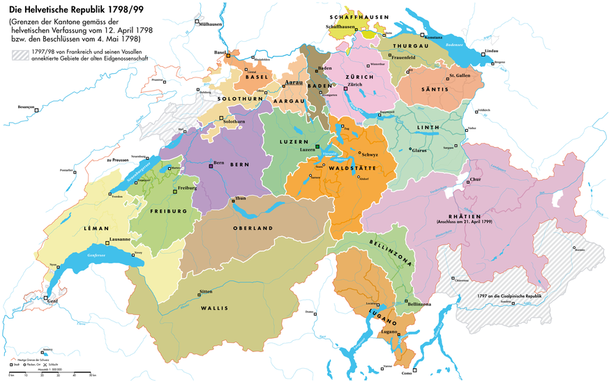 Die Helvetische Republik, wie sie 1798/99 aussah. Die Kantone waren in der Helvetik allerdings – nach französischem Vorbild – reine Verwaltungseinheiten ohne jede Souveränität. User «me.baden» komment ...