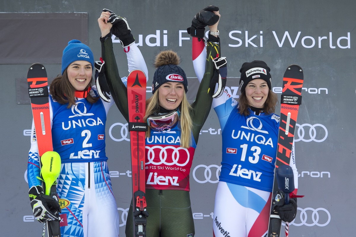 epa08093754 (L-R) Second placed Petra Vlhova of Slovakia,, winner Mikaela Shiffrin of the USA and third placed Michelle Gisin of Switzerland celebrate on the podium for the Women's Slalom race at ...