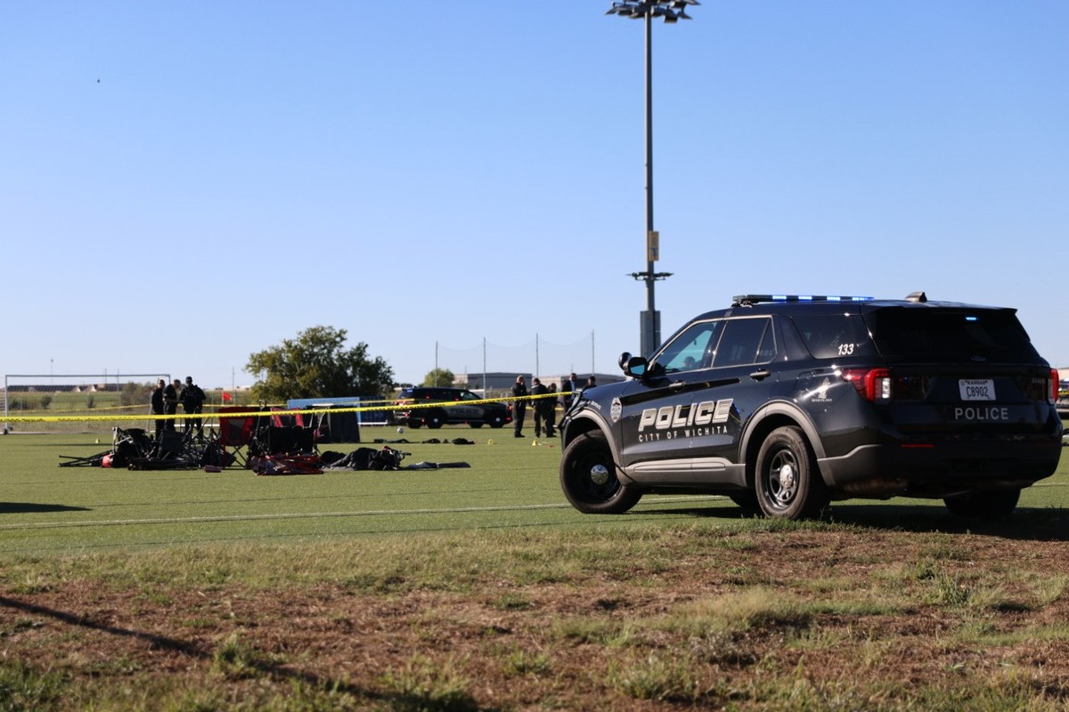 This image provided by KAKE shows police on the scene where a person drove a vehicle through a soccer field during a game in Wichita, Kansas, Saturday, Oct. 17, 2026. (Wyatt Glosson/KAKE via AP) === M ...