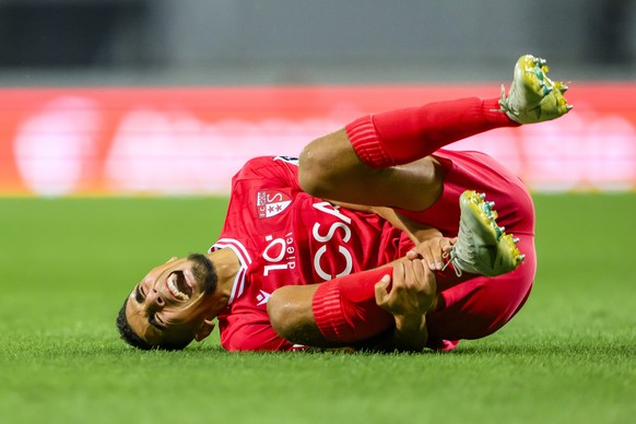 L&#039;attaquant valaisan Ilyas Chouaref reagit apres une faute d&#039;un adversaire lors de la rencontre de football de Challenge League entre FC Sion et FC Baden le vendredi 1 septembre 2023 au stad ...