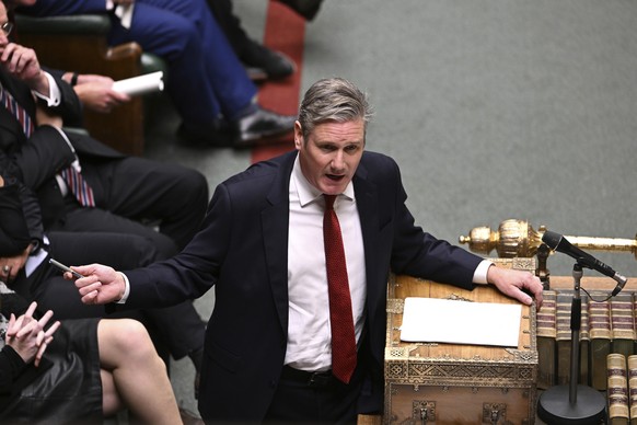 In this handout photo provided by UK Parliament, Labour Party leader Keir Starmer speaks during Prime Minister&#039;s Questions in the House of Commons in London, Wednesday, Oct. 12, 2022. (Jessica Ta ...