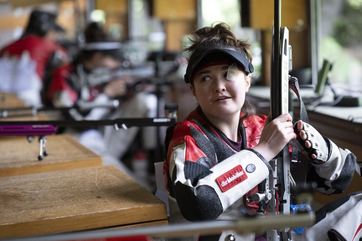 Die drittplatzierte Michele Bertschi reagiert im Koenigsfinale in der Kategorie Gewehr 50 Meter beim Eidgenoessischen Schuetzenfest, aufgenommen am Sonntag, 5. Juli 2026, in Chur. Das Fest findet im g ...